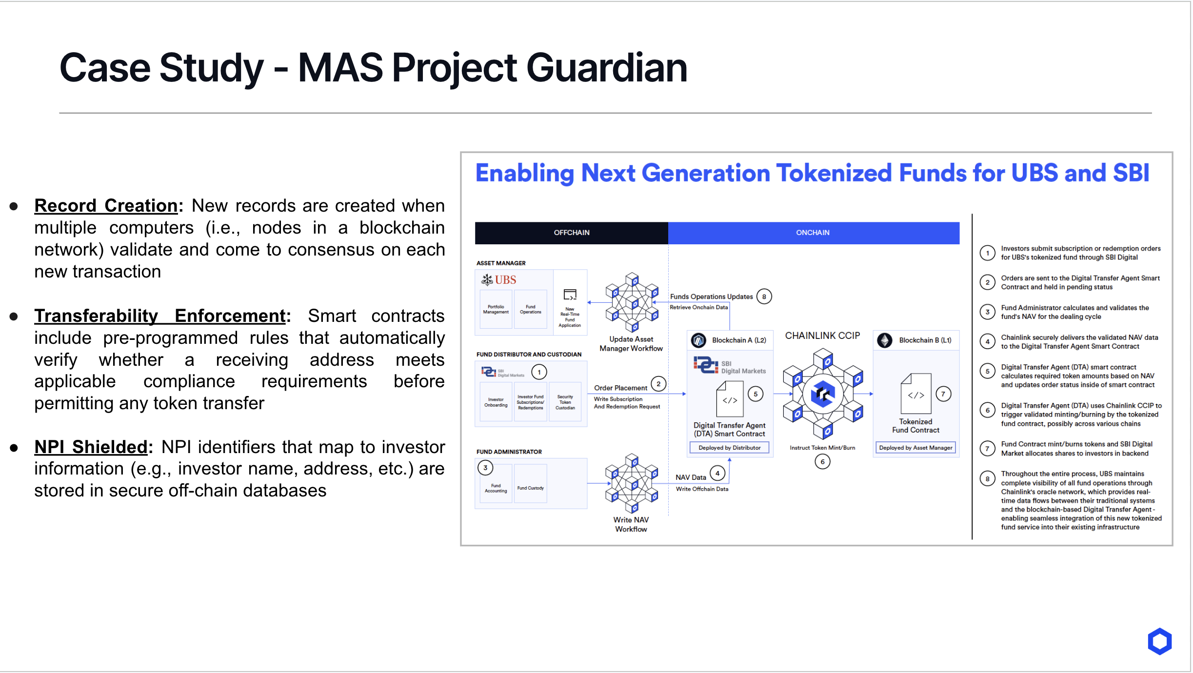 Case Study of UBS, SBI, and Chainlink illustrating the three key benefits of blockchain based transfer agency